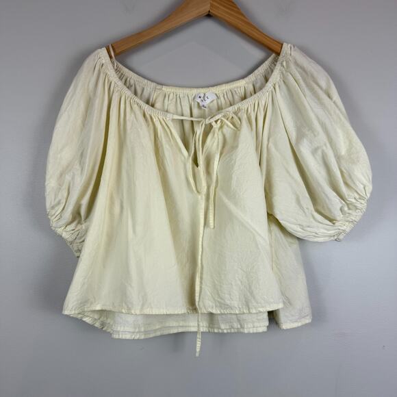 Mable Top Women's M Cream Tie-Neck Puff Sleeve Peasant Crop Boho Milkmaid Summer - Picture 1 of 7